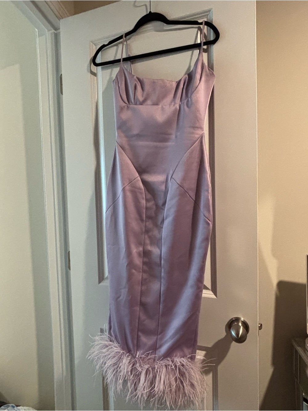 House of CB Lilac Satin Midi Dress with Feather Hem